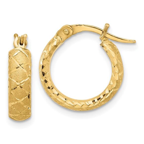 Kazi Luxury 14k Yellow Gold Satin Criss Cross 4mm Diamond Cut Hoop Earrings